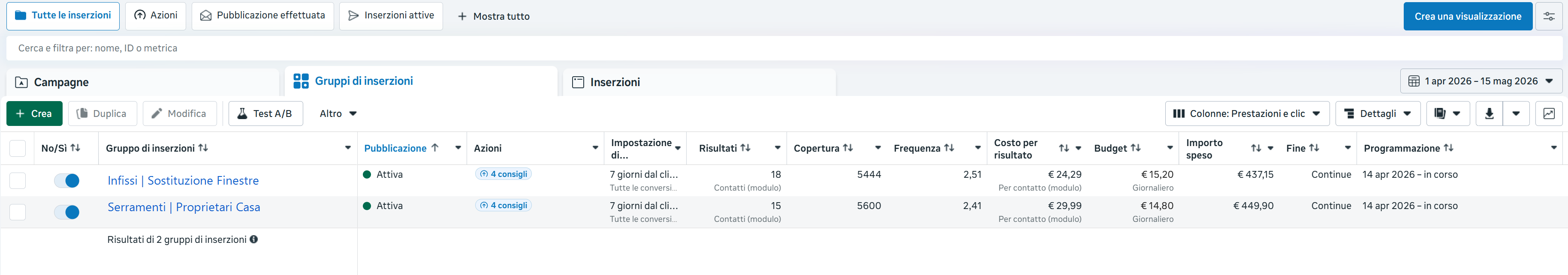Campagna Meta Ads serramenti — 18 lead